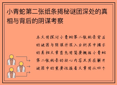 小青蛇第二张纸条揭秘谜团深处的真相与背后的阴谋考察